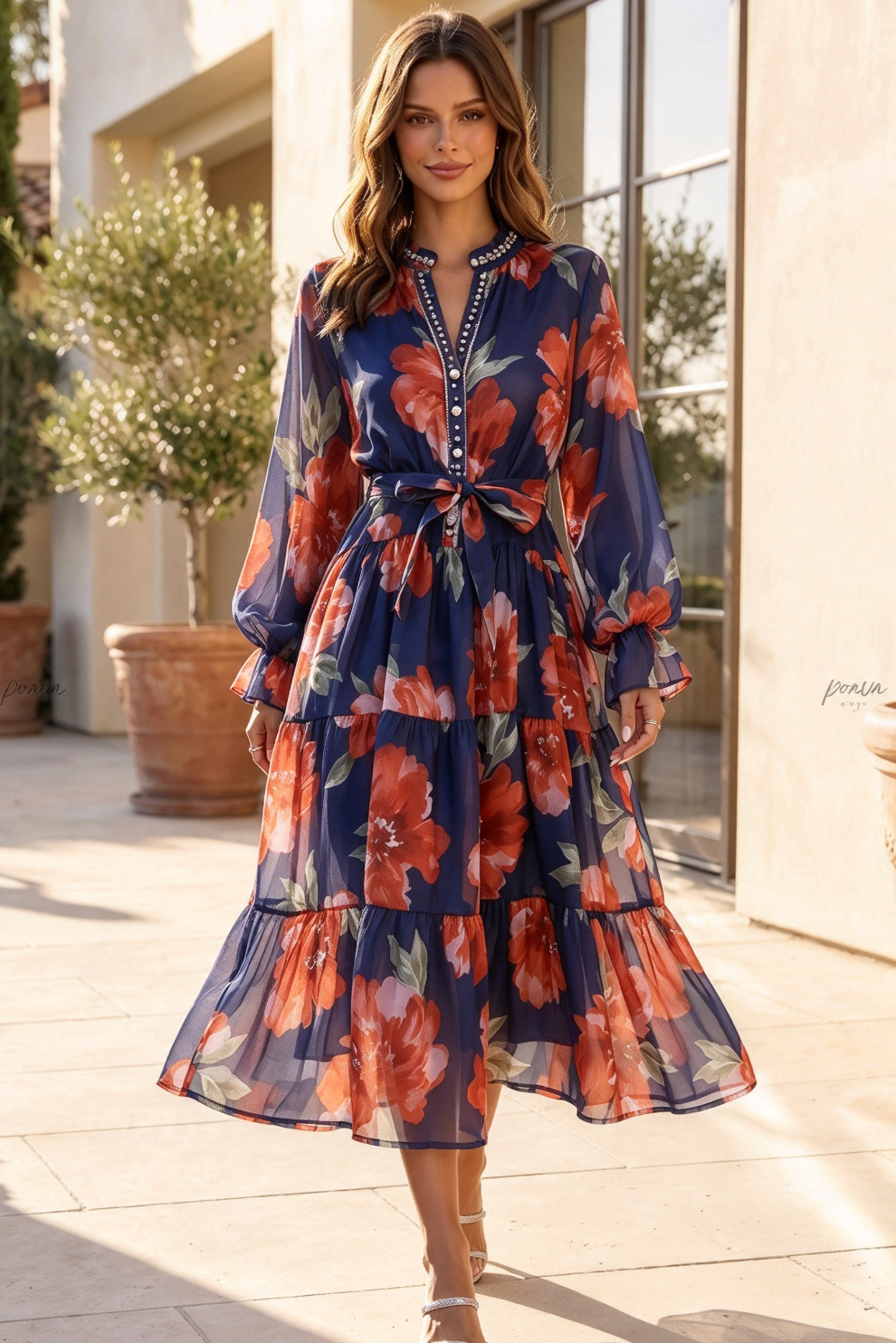 Navy Blue Tiered Chiffon Maxi Dress with Floral Print