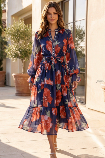 Navy Blue Tiered Chiffon Maxi Dress with Floral Print