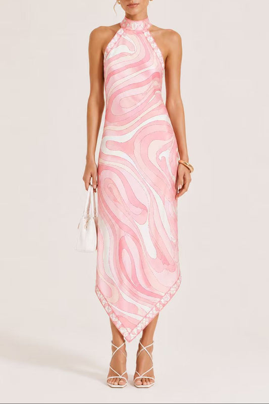 Halter Swirl Print Satin Midi Dress