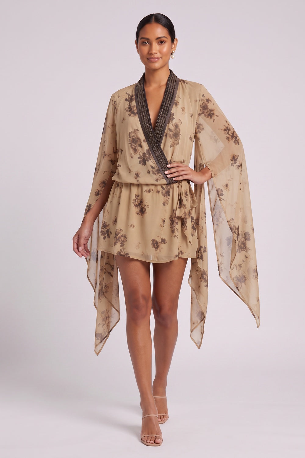 beige chiffon wrap-front blouson with draped cape sleeves mini dress beige, tan chiffon mini dress - product view 2
