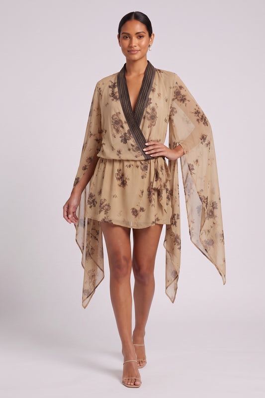 beige chiffon wrap-front blouson with draped cape sleeves mini dress beige, tan chiffon mini dress - product view 2