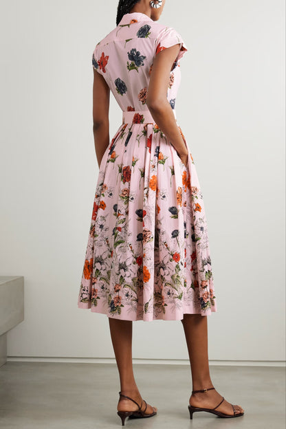 belted pleated floral-print cotton-poplin midi shirt dress - pink