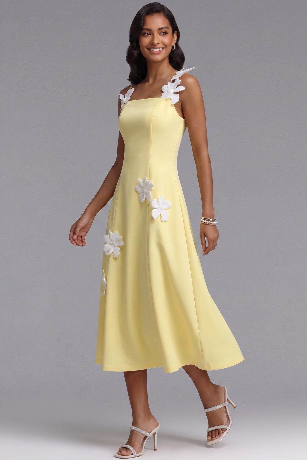 Pastel Yellow Structured Crepe A-Line Midi Dress with 3D Floral Appliqués pastel yellow structured crepe dress - product view 3