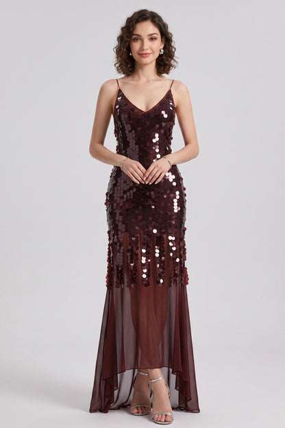 Burgundy Sequined Mesh Sheath with Flared Sheer Lower Skirt Evening Dress burgundy sequined mesh evening dress - product view 1