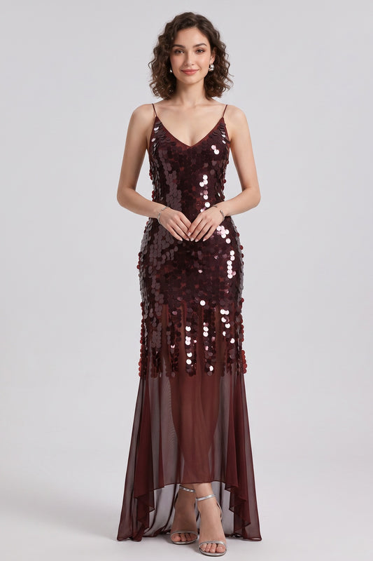 Burgundy Sequined Mesh Sheath with Flared Sheer Lower Skirt Evening Dress burgundy sequined mesh evening dress - product view 1