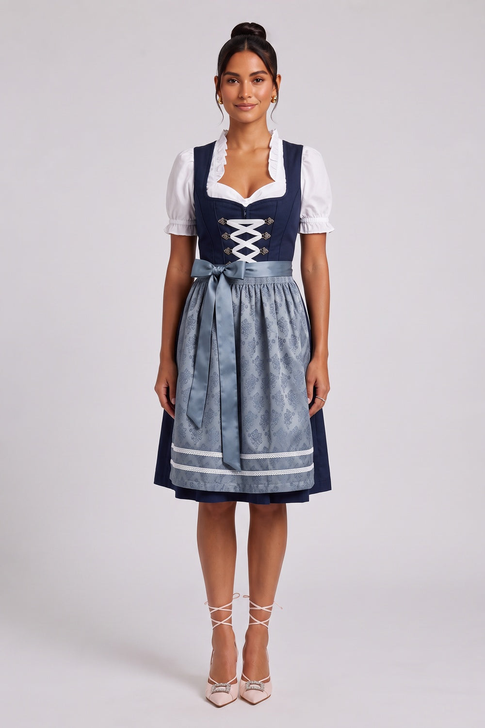 navy blue matte woven cotton-blend for bodice and skirt fit-and-flare dirndl set navy blue, white, dusty blue matte woven cotton-blend for bodice and skirt dirndl set - product view 1