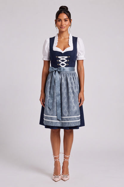 navy blue matte woven cotton-blend for bodice and skirt fit-and-flare dirndl set navy blue, white, dusty blue matte woven cotton-blend for bodice and skirt dirndl set - product view 1