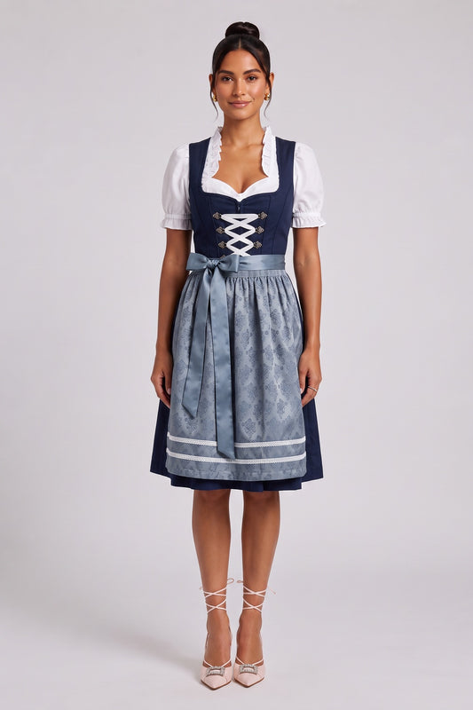 navy blue matte woven cotton-blend for bodice and skirt fit-and-flare dirndl set navy blue, white, dusty blue matte woven cotton-blend for bodice and skirt dirndl set - product view 1