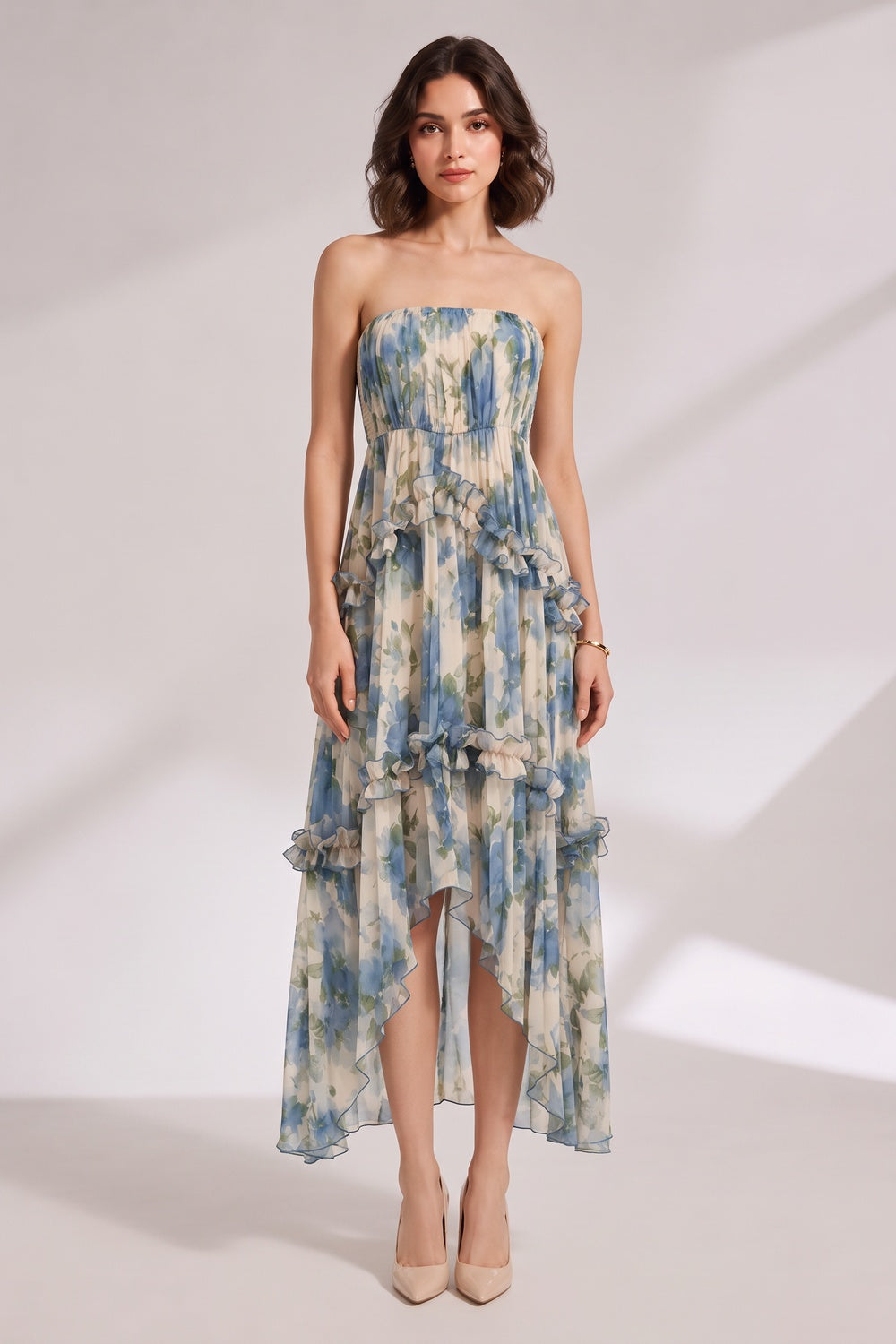 Blue Floral Strapless Tiered Midi Dress Premium Fabric - product view 3