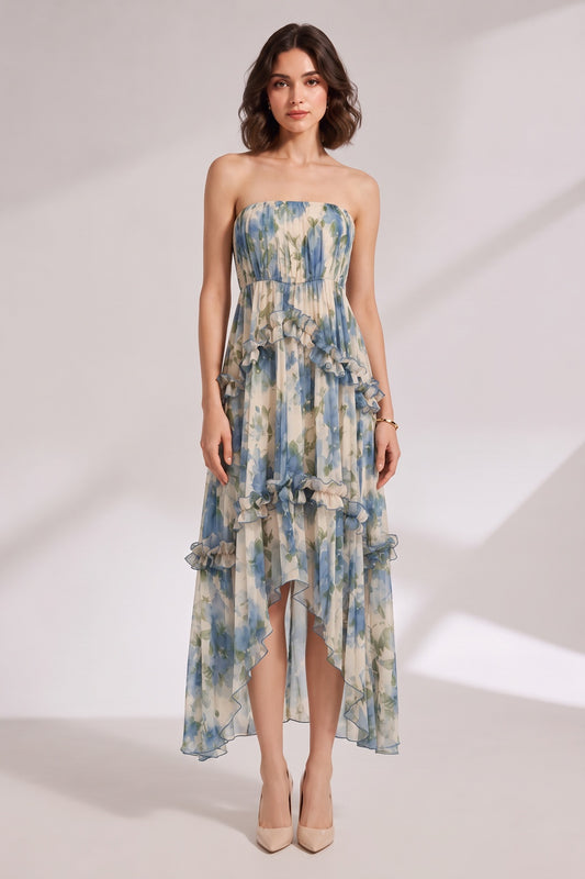 Blue Floral Strapless Tiered Midi Dress Premium Fabric - product view 3
