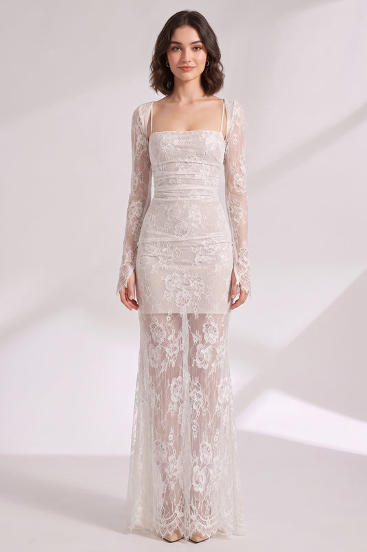 White Floral Lace Column Maxi Dress white floral lace maxi dress - product view 3