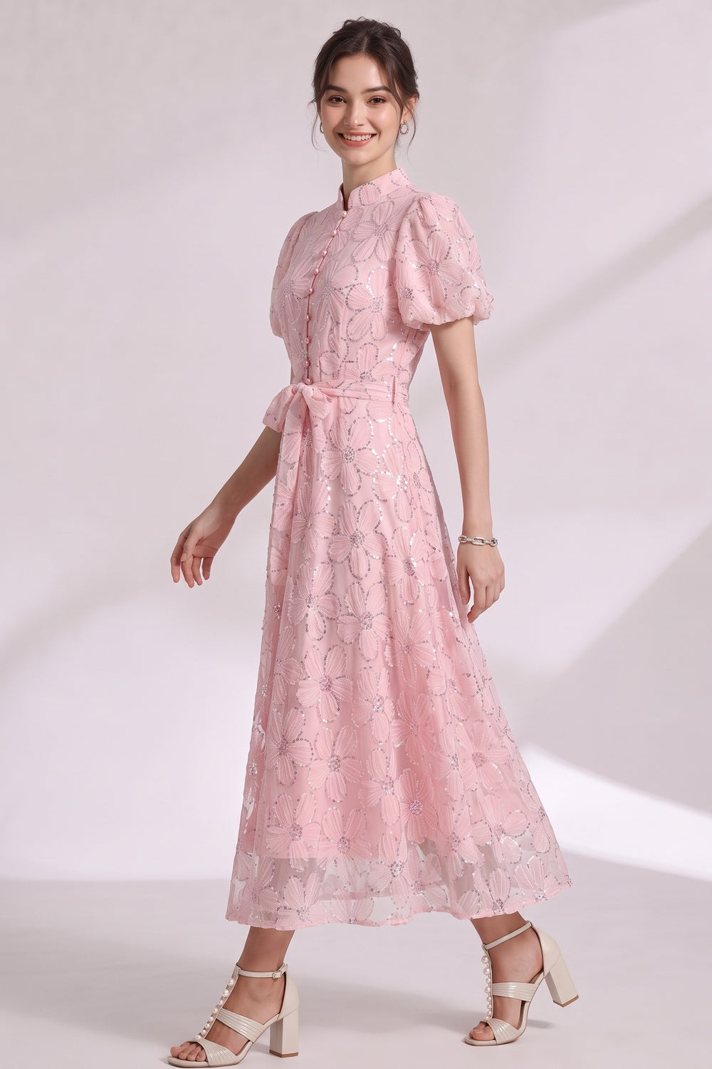Light Pink Sheer Organza A-Line Midi Dress with Floral Applique light pink sheer organza or tulle overlay dress - product view 2