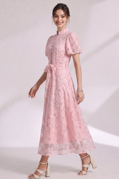 Light Pink Sheer Organza A-Line Midi Dress with Floral Applique light pink sheer organza or tulle overlay dress - product view 2