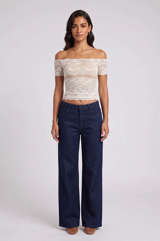 Off Shoulder Sheer Lace Cutout Crop Top