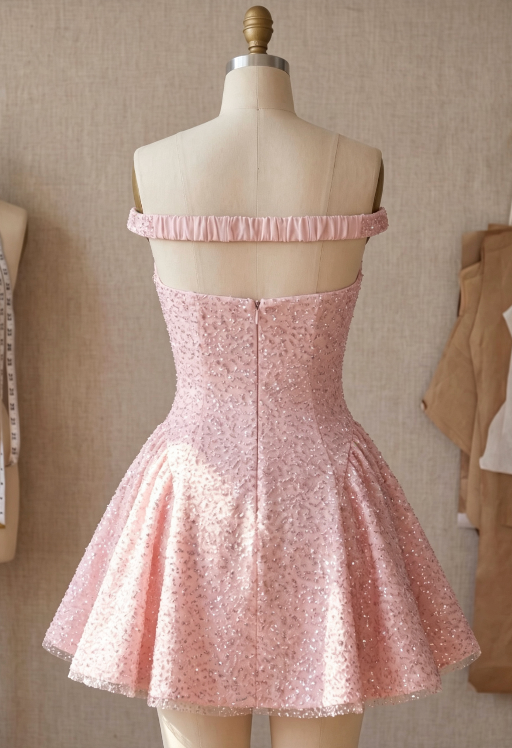 Light Pink Glitter-Embellished Tulle Fit-and-Flare Mini Dress