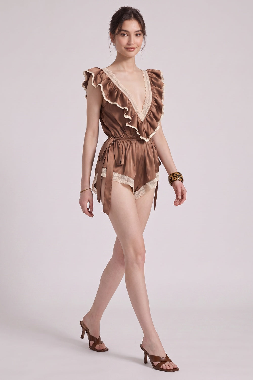 bronze brown satin semi-fitted with cinched waist and ruffled details romper bronze brown satin romper - product view 4
