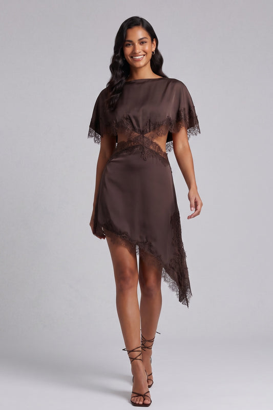 Chocolate Brown Satin Asymmetrical A-Line Dress with Capelet Overlay chocolate brown satin dress - product view 1