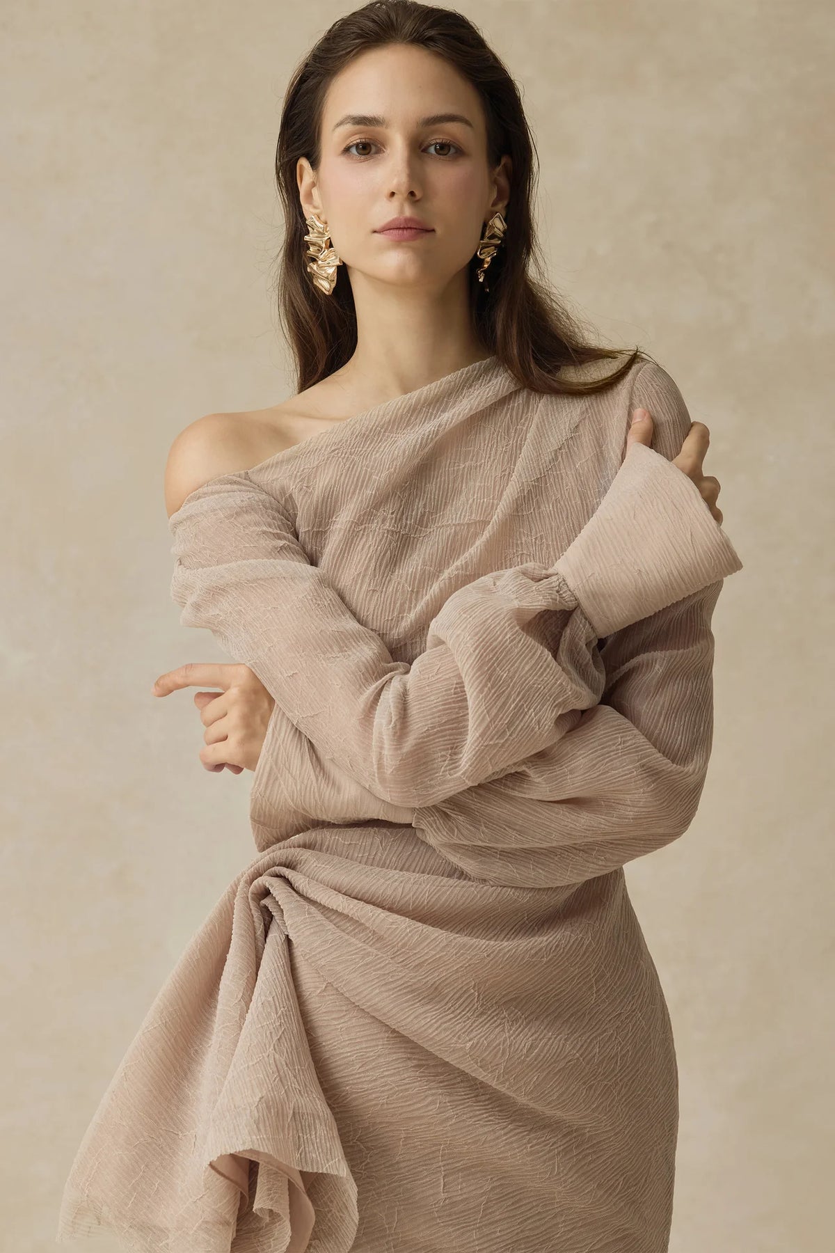 brianna Asymmetric Long Sleeve pleated maxi Dress in beige