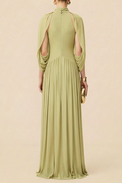leona Green Draped Cape Sleeve Knit Maxi Dress