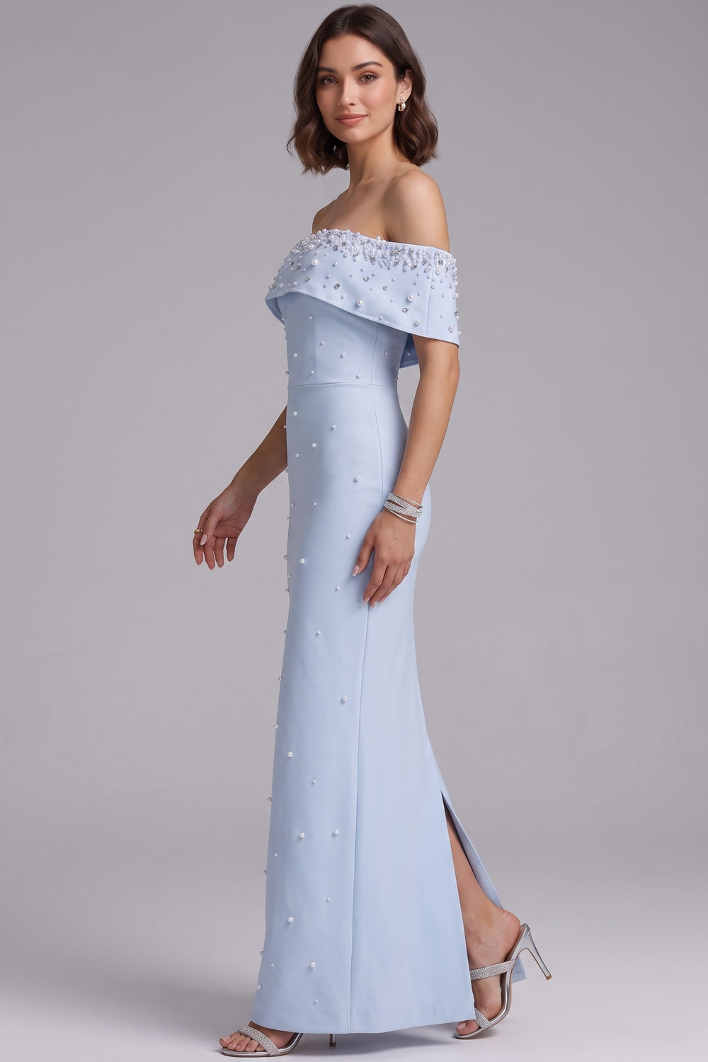Light Blue Structured Crepe Column Gown with Pearl Embellishments light blue structured crepe gown - product view 4