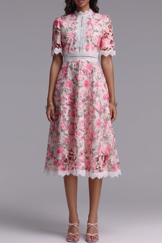 Pink Floral Cutwork Lace Midi Dress
