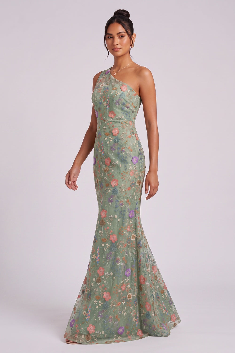 sage green embroidered tulle trumpet gown sage green embroidered tulle gown - product view 2