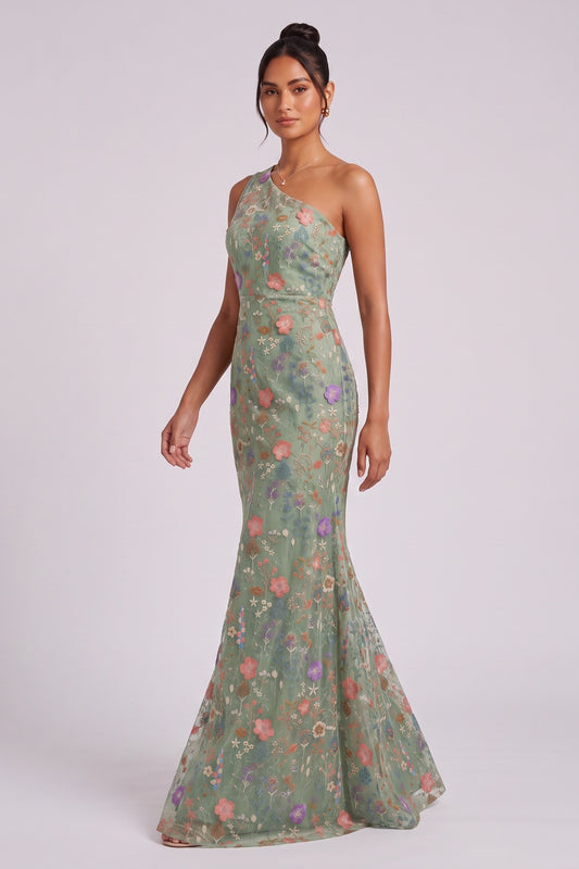 sage green embroidered tulle trumpet gown sage green embroidered tulle gown - product view 2