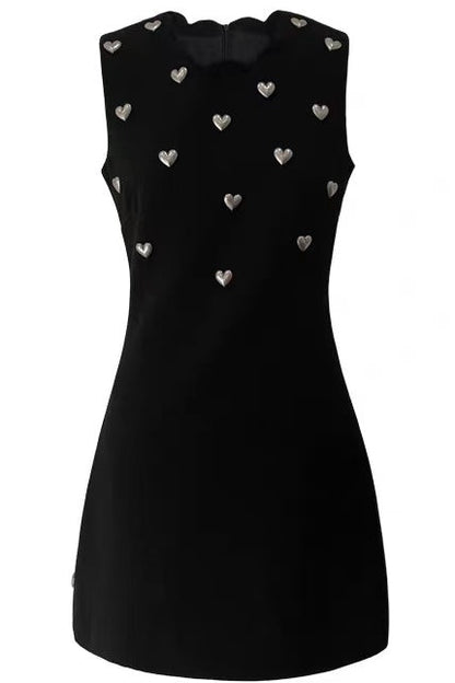 Scalloped Neck Heart Stud Sleeveless Black Mini Dress