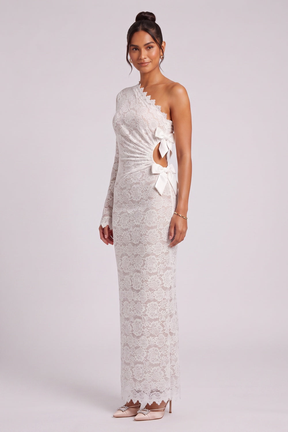 White Floral Lace One-Shoulder Column Gown white floral lace gown - product view 4