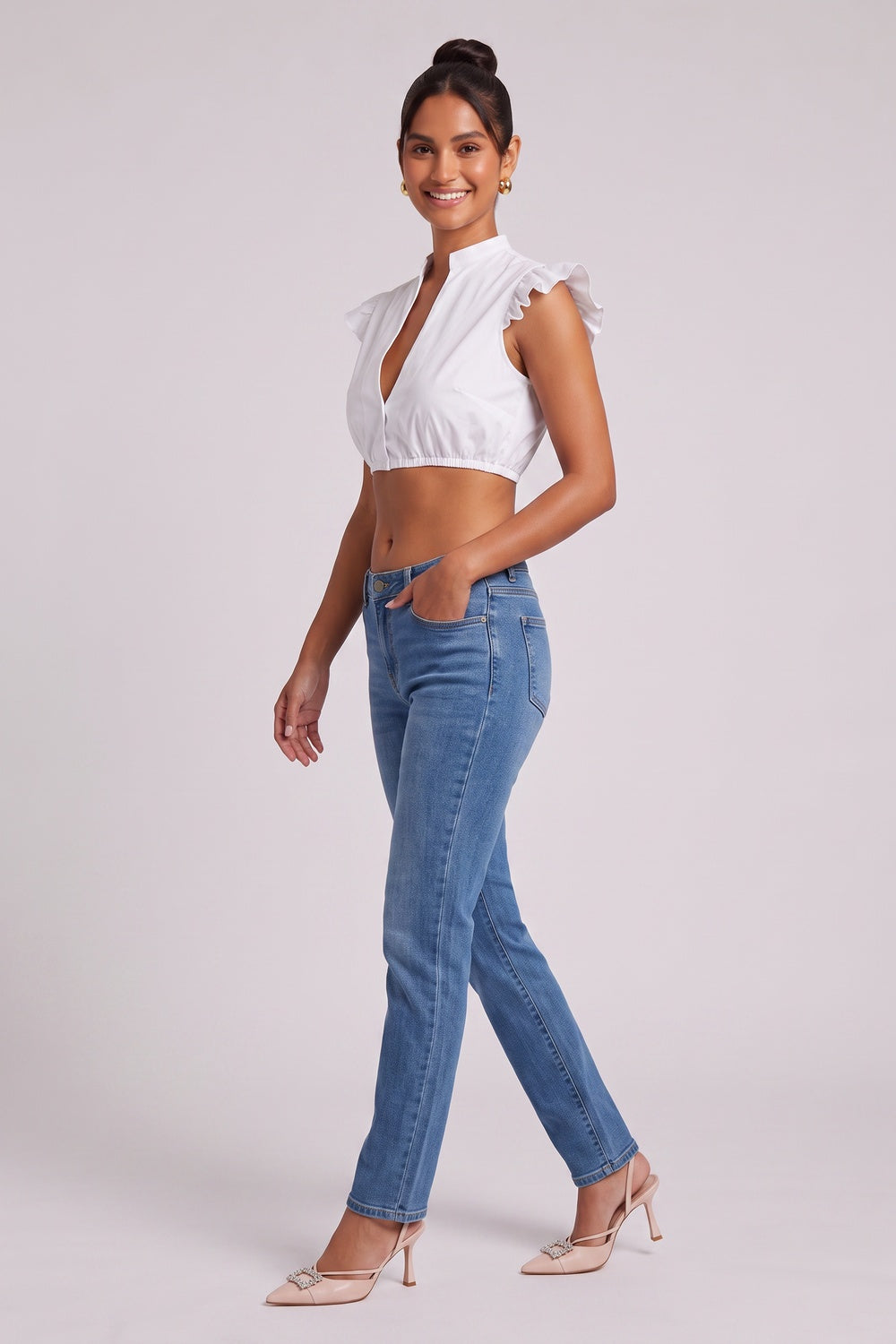 White Cotton Poplin Fitted Crop Top Blouse white cotton poplin cropped blouse - product view 3