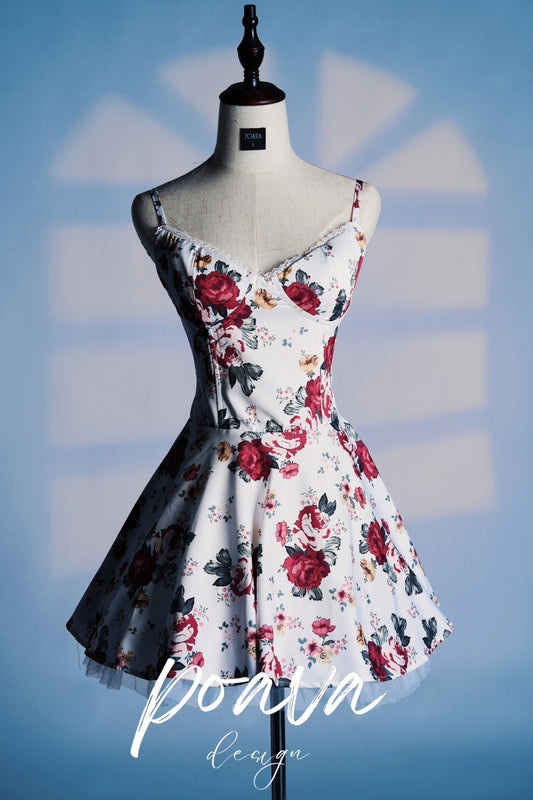 ITALIAN ROSE PRINT TULLE MINI DRESS