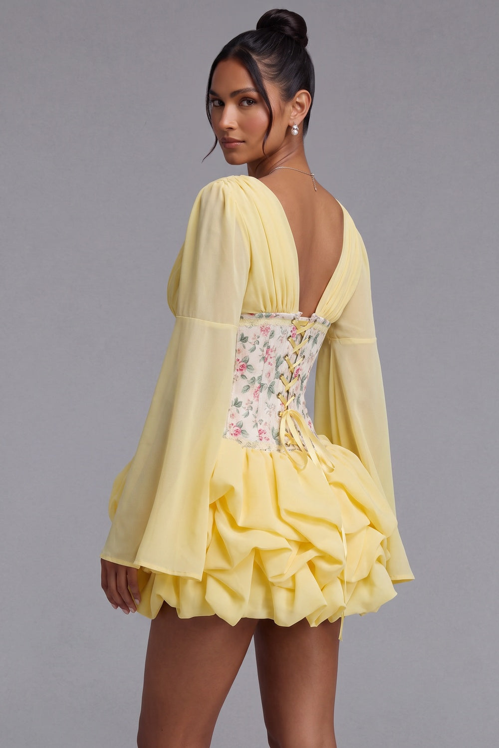 Pastel Yellow Chiffon Fit-and-Flare Mini Dress with Corset Bodice pastel yellow chiffon mini dress - product view 2