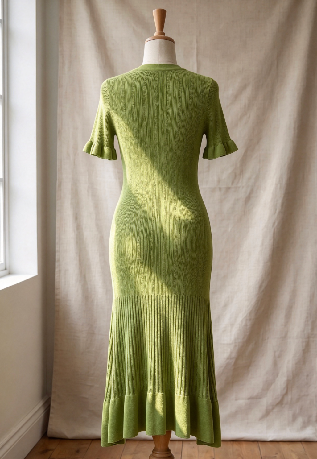 Olive Green Ribbed Knit A-Line Trumpet Midi Dress