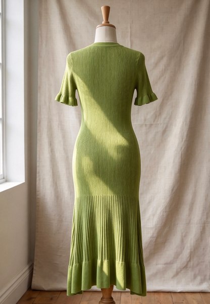 Olive Green Ribbed Knit A-Line Trumpet Midi Dress