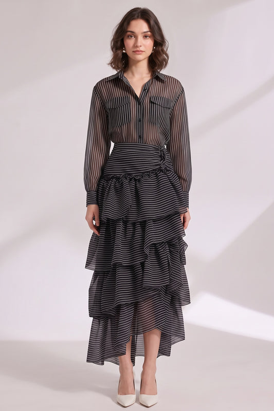 black sheer organza or chiffon fitted shirt with high-waisted tiered maxi skirt two-piece matching set black sheer organza or chiffon two-piece matching set - product view 3