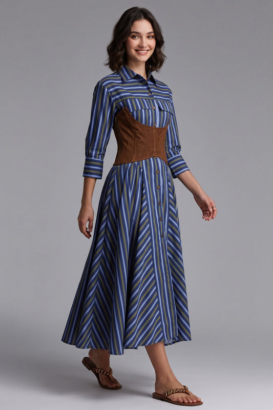 blue cotton poplin A-line shirt dress with corset belt blue, navy, olive green cotton poplin shirt dress with corset belt - product view 1