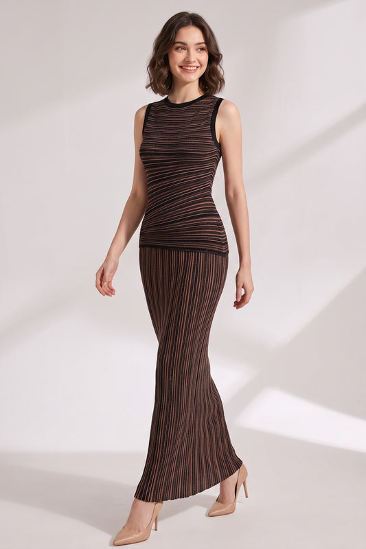 Black Fine knit Bodycon / Column Two-piece knit set (top and maxi skirt) Black, Bronze Fine knit Two-piece knit set (top and maxi skirt) - product view 1