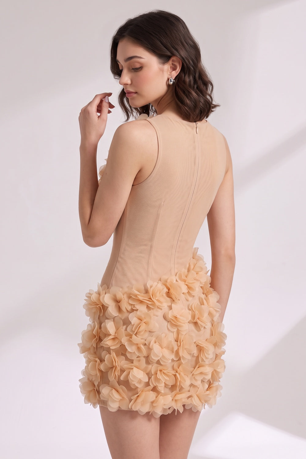 Beige Sheer Mesh Bodycon Mini Dress with 3D Floral Petals beige, peach sheer mesh mini dress - product view 3