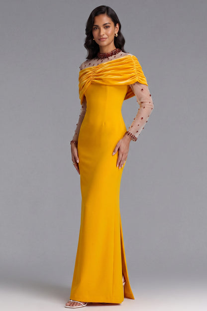Yellow Velvet Off-Shoulder Beaded Evening Gown Premium Fabric - product view 2