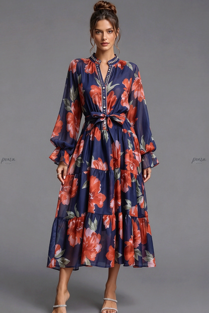Navy Blue Tiered Chiffon Maxi Dress with Floral Print