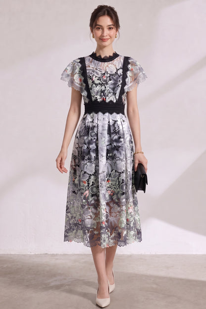 White Embroidered Guipure Lace Fit-and-Flare Midi Dress white, black, grey embroidered guipure lace dress - product view 4