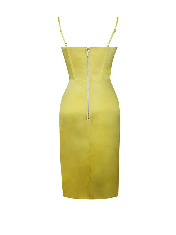 Lemon yellow pleated satin mini Dress