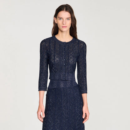 alexandra Strass knit cropped cardigan in navy blue