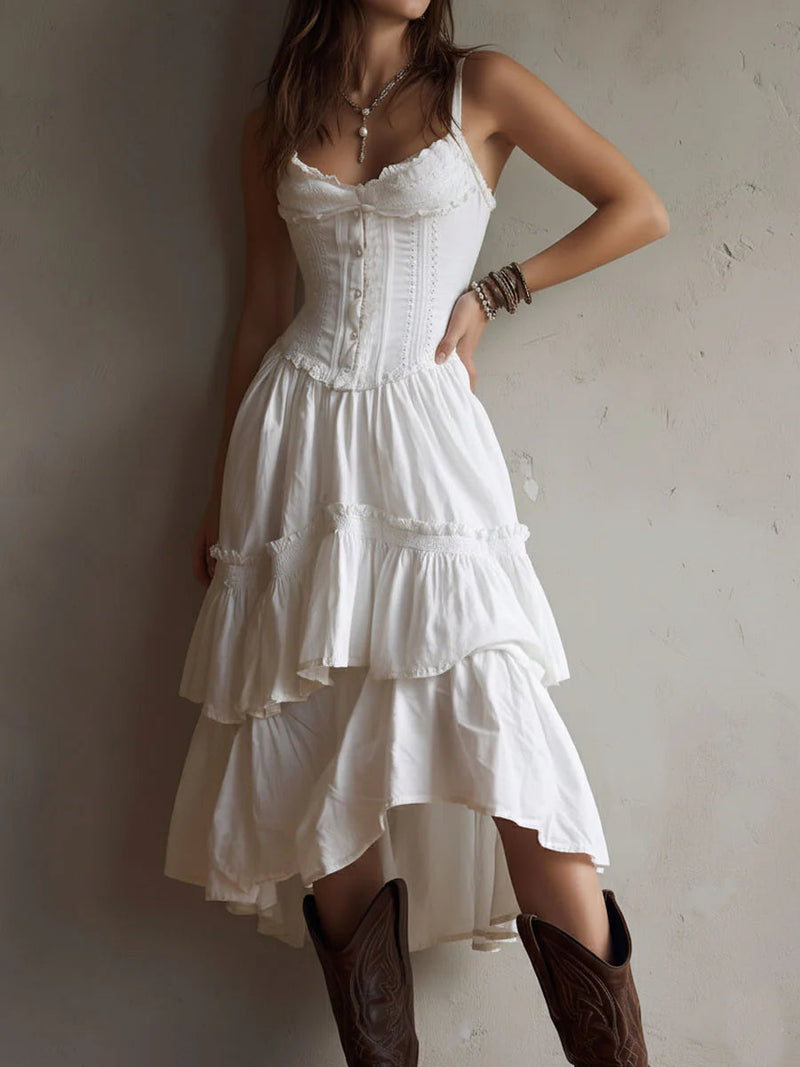 Corset-Style Lace Trim Tiered Midi Dress