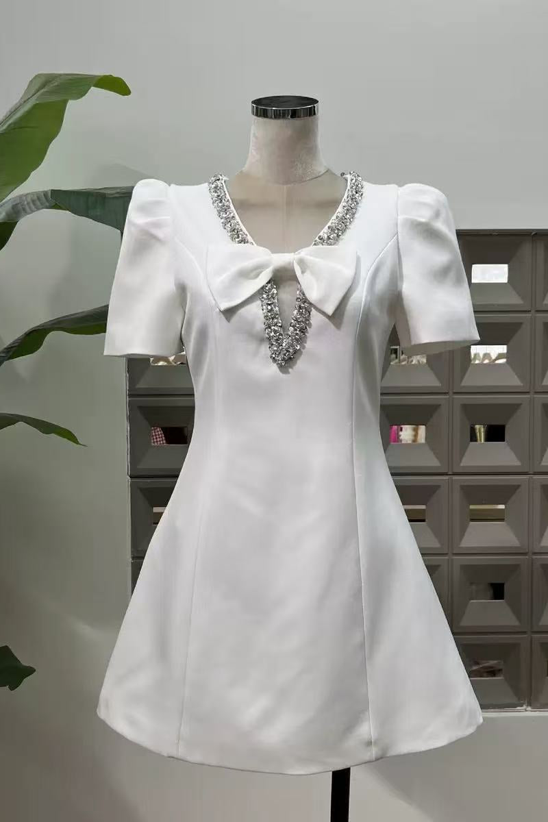 V-neck diamond chain bow mini dress in ivory