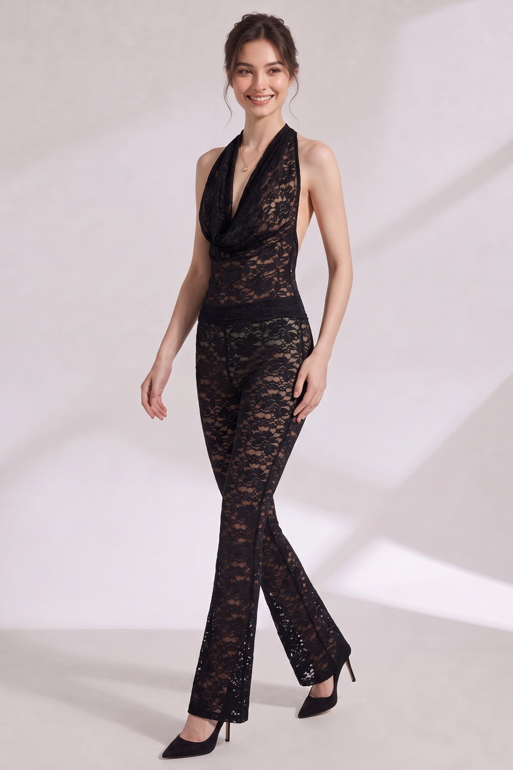 Black Sheer Floral Lace Cowl Halter Jumpsuit black sheer floral lace jumpsuit - product view 4