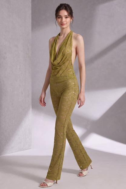 olive green floral lace fitted halter top with draped cowl neck and open back; high-waisted slim-fit pants flaring from the knee two-piece set (halter top and matching pants) olive green floral lace two-piece set (halter top and matching pants) - pro