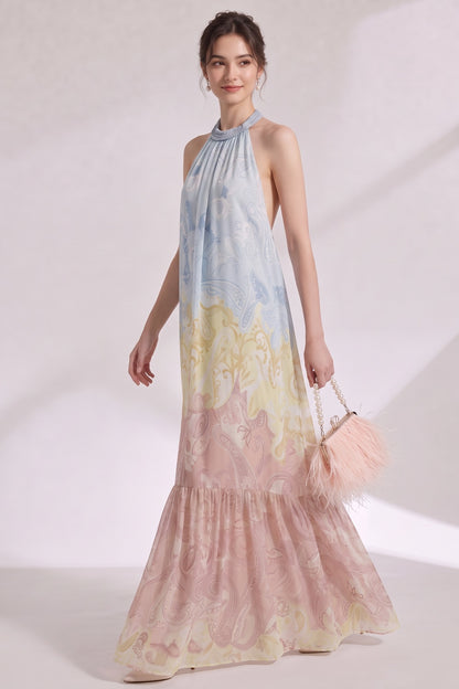 Pastel Ombré Chiffon Halter Tiered Maxi Dress pastel blue, pastel yellow, dusty rose pink chiffon dress - product view 2