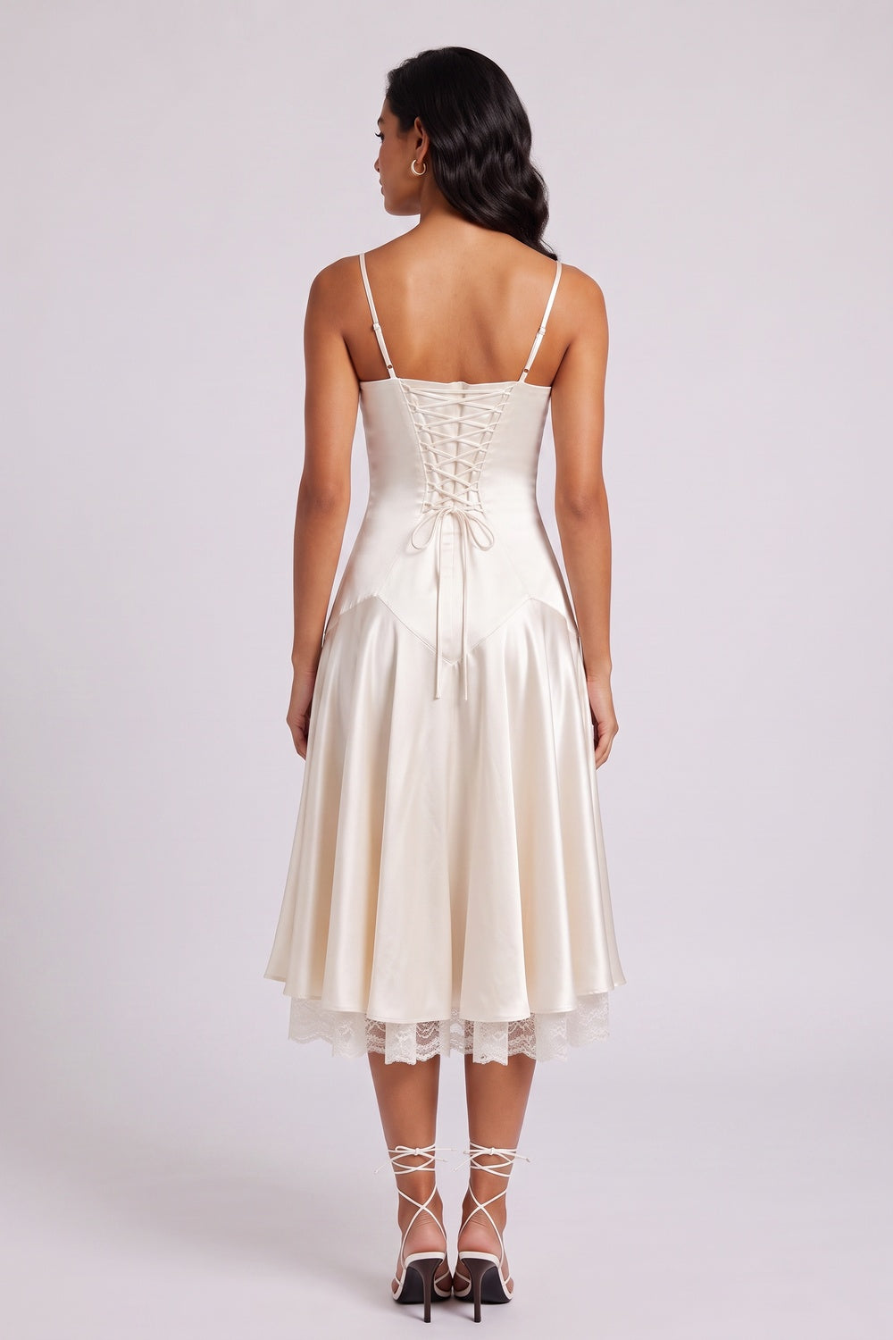 Ivory Spaghetti Strap Satin Lace Underlayer Hem Midi Slip Dress