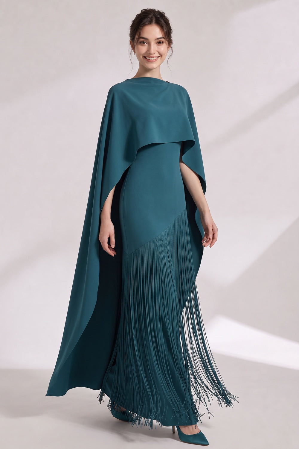 Teal Matte Crepe Column Evening Gown with Asymmetrical Cape Overlay teal matte crepe evening gown - product view 1